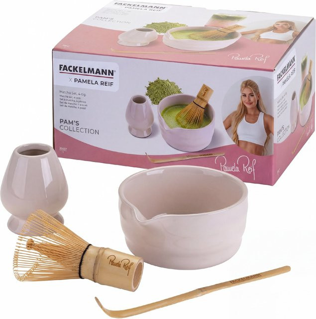 Fackelmann Pamela Reif Matcha Set, 4-teilig, Beige und Weiß, aus Keramik und Bambus - Bild 1
