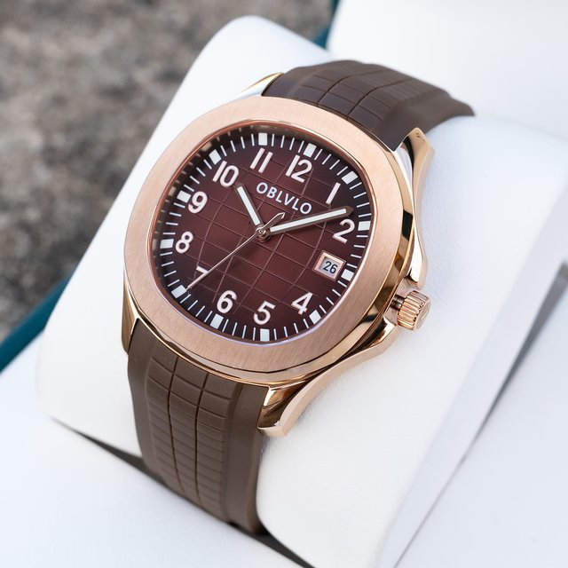 OBLVLO Armbanduhr, Automatik, Edelstahl, Roségold, braunes Zifferblatt, Kautschuk, Unisex - Bild 1