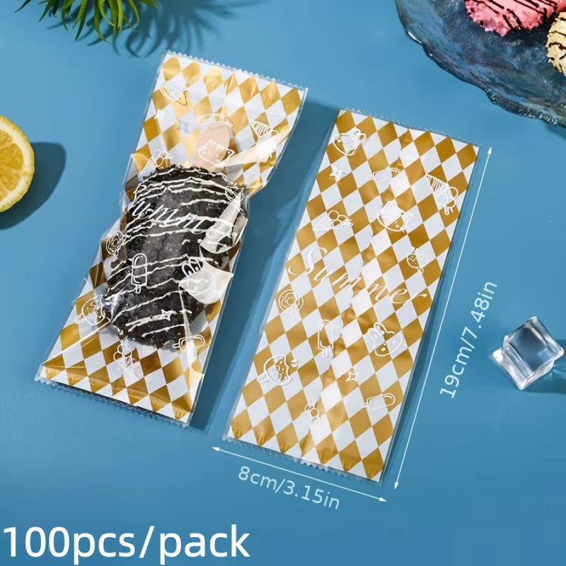 100 Stück transparente Einweg-Verpackungsbeutel für Eiscreme und Kekse, kariert in Grün und Gelb - Bild 2