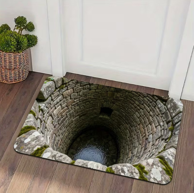 Rutschfeste 3D Visual Illusion Einsteigermatte Endless Abyss Stone Trap in Grau mit Retro Country Design aus Polyester - Bild 1