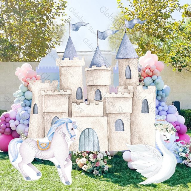 MicroPlush Prinzessinnen Geburtstag Dekoration aus Karton mit Schloss, Karussell und Schwan in Rosa und Blau - Bild 1
