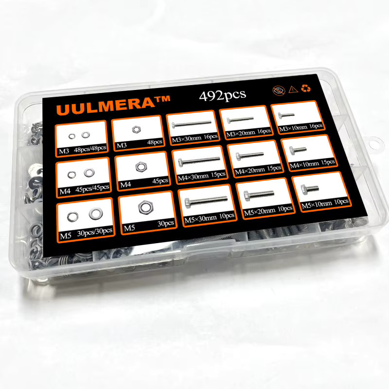UULMERA Edelstahl-Sechskantschrauben-Set in Silber mit Muttern, Federscheiben und Flachscheiben, 492 Stück (M3, M4, M5) - Bild 3