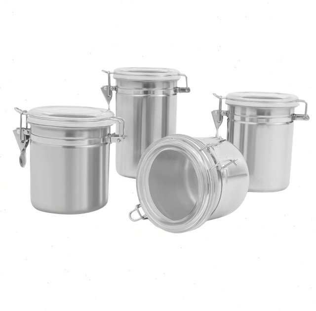 Bymaocar 4er-Set Edelstahl-Aufbewahrungsbehälter mit Kunststoffdeckel in Silber, Durchmesser: 10 cm, Volumina: 575 ml, 820 ml, 950 ml und 1300 ml für Kaffee, Tee, Zucker oder Mehl - Bild 1