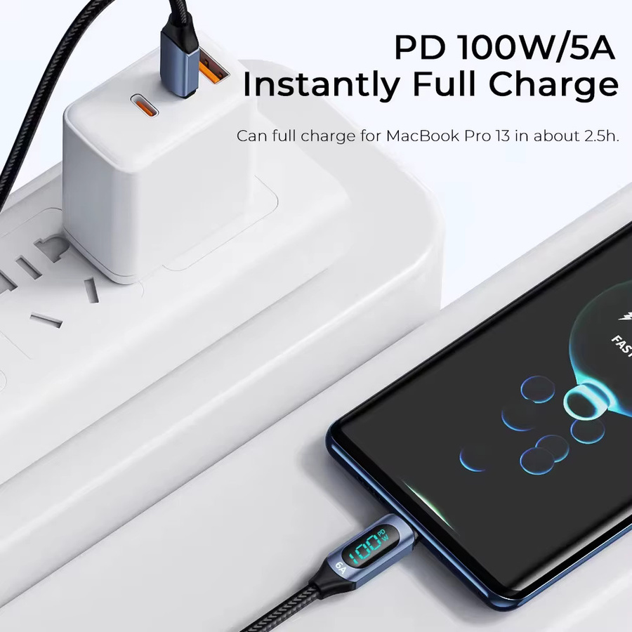 NNBILI 100W Typ-C zu Typ-C PD Schnellladegerät Display-Kabel in Schwarz für iPhone, Samsung und Huawei - Bild 2