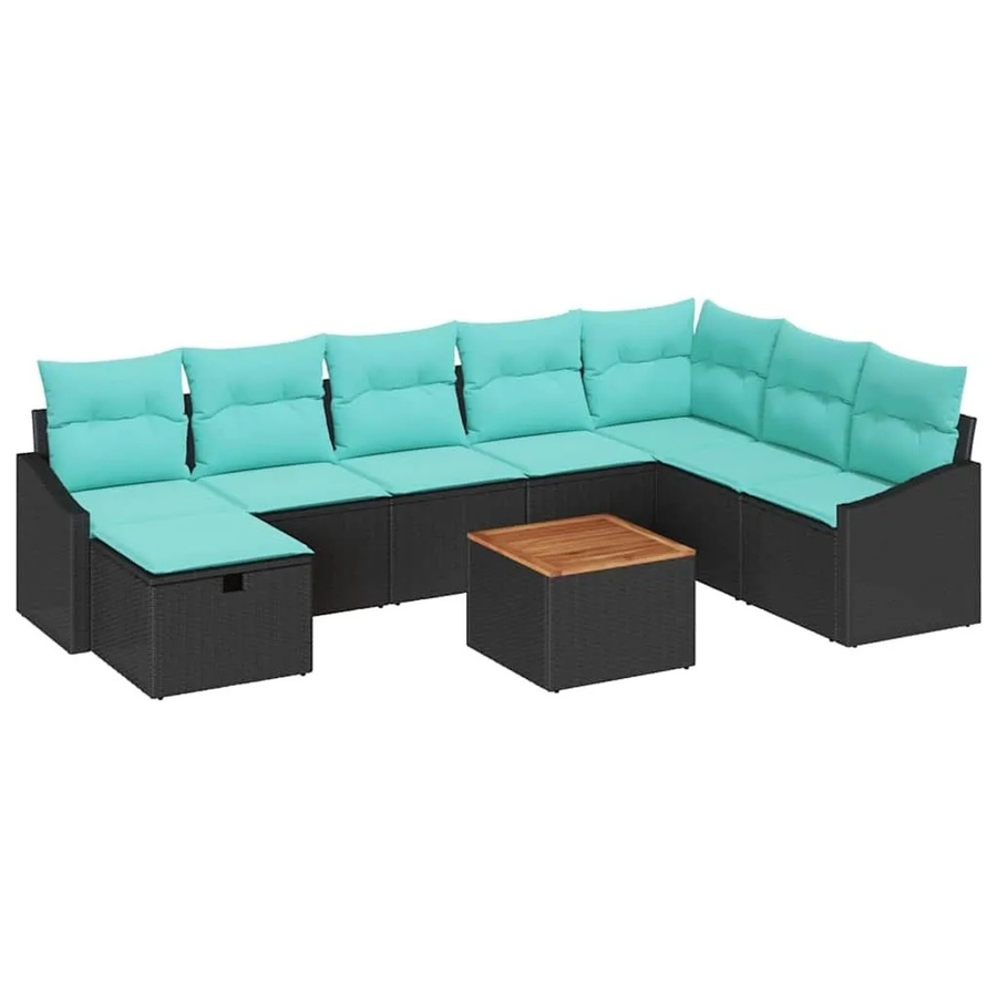 vidaXL Gartensofa-Set aus Poly-Rattan und Akazienholz in Schwarz, 9-teilig mit Kissen und Stauraum - Bild 2
