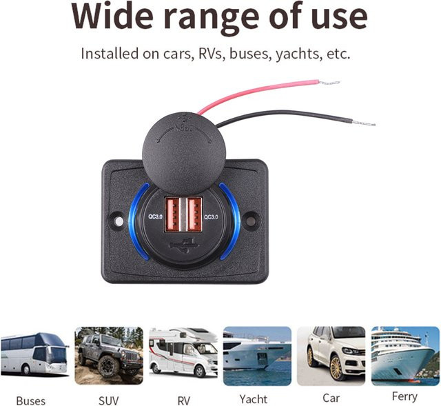 Kebidumei Dual-USB-Ladegerät mit QC3.0 Schnellladefunktion, wasserdichtes Netzteil für 12/24 V, Farbe: Schwarz, für Auto, Boot, LKW und Motorrad - Bild 1