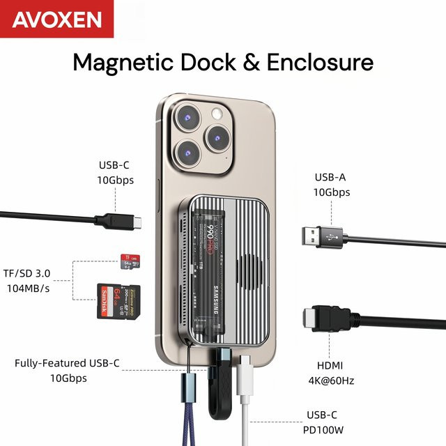 AVOXEN M.2 NVMe SSD-Gehäuse mit USB-C-Dockingstation, HDMI 4K 60 Hz, PD 100 W und SD 3.0, Silber - Bild 1