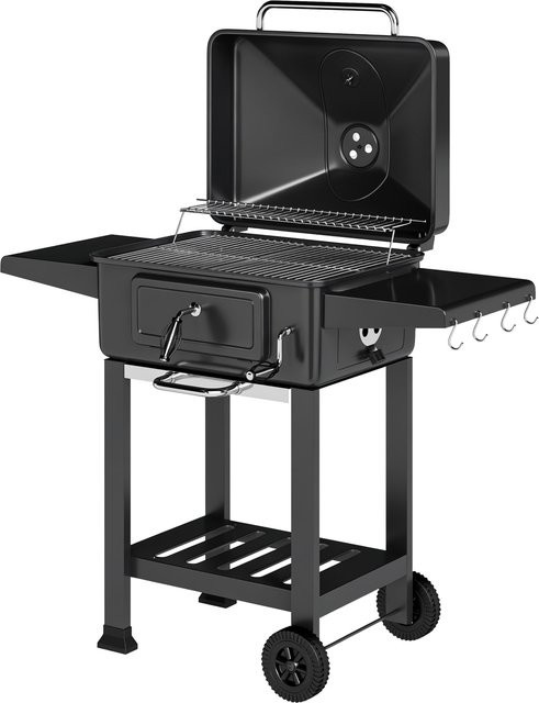 Outsunny BBQ Smoker Holzkohlegrill mit Deckel, Thermometer und Seitentisch, Grillwagen mit Rädern für Garten und Camping, Marke Aosom - Bild 1