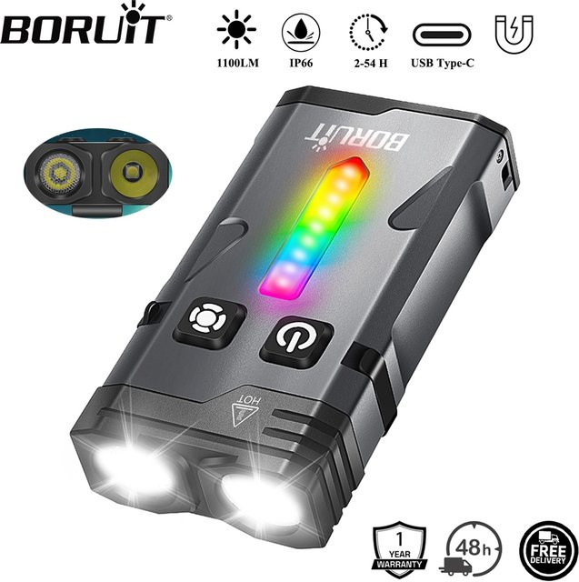 BORUiT EV10 LED-Schlüsselanhänger-Taschenlampe mit 1100 Lumen, wiederaufladbare EDC-Arbeitsleuchte mit Magnet und Typ-C-Anschluss, Schwarz - Bild 1
