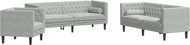vidaXL 3-teiliges Chesterfield-Sofa-Set aus Samt in Hellgrau mit 3-Sitzer-Sofa, 2-Sitzer-Sofa, Sessel und Nackenkissen - Bild 1