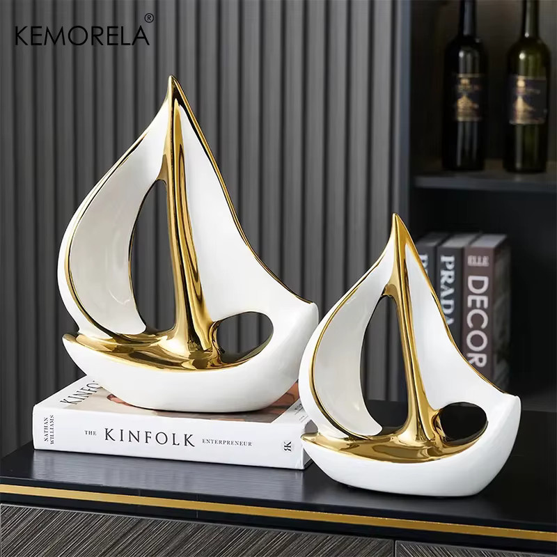 KEMORELA Keramik Segelboot Skulptur in Weiß als moderne Dekoration für Wohnzimmer und Büro - Bild 3
