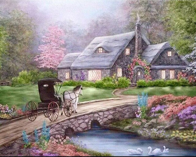 FIYO 5D DIY Diamantmalerei Landschaft Haus als Kreuzstich-Stickerei in Grau und Multicolour, B/H: 30 x 20 cm - Bild 1