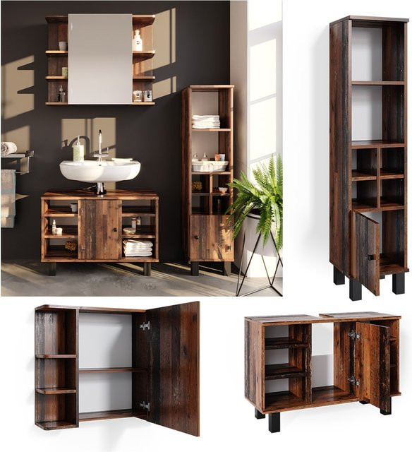 Vicco Badmöbelset Fynn in Antikholz, 3-teilig mit Waschtischunterschrank 80 cm, Spiegelschrank und Midischrank - Bild 1