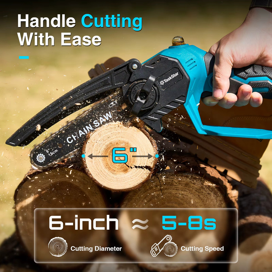 TaskStar Mini 6-Zoll Handheld-Kettensäge in Blau mit 2 Akkus 2.0Ah und Auto-Ölung, kompatibel mit Makita 18V Akkus - Bild 2
