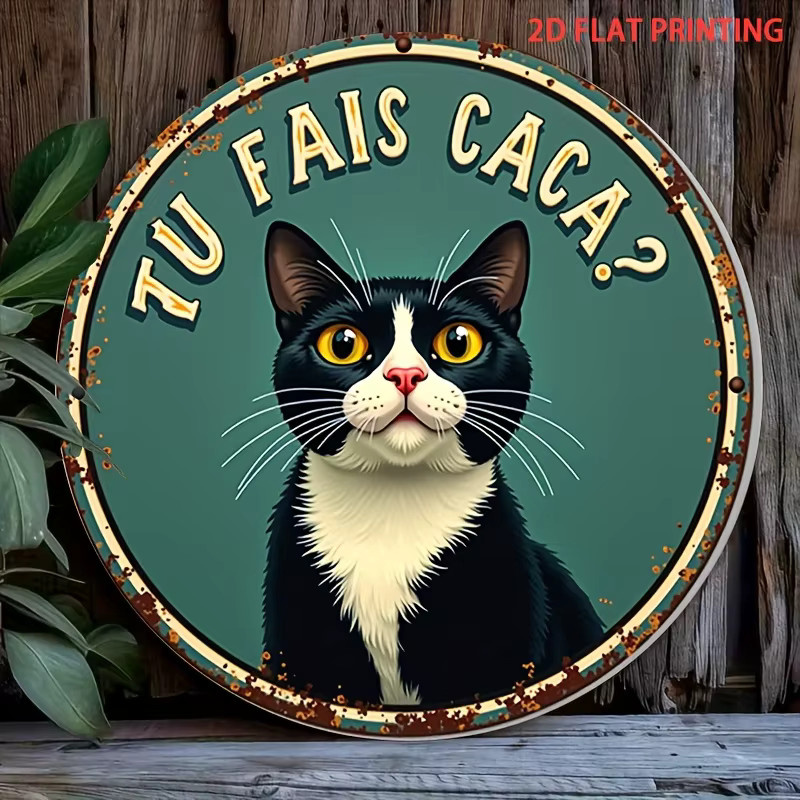 Potdemiel Vintage-Poster mit Katzenmotiv und französischem Schriftzug TU FAIS CACA in Petrol, Durchmesser: 20 cm - Bild 4