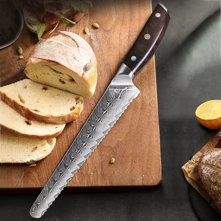 MOSTODOZO Brotmesser aus 67-lagigem Damaszener Stahl mit Holzgriff, 21,59 cm - Bild 3