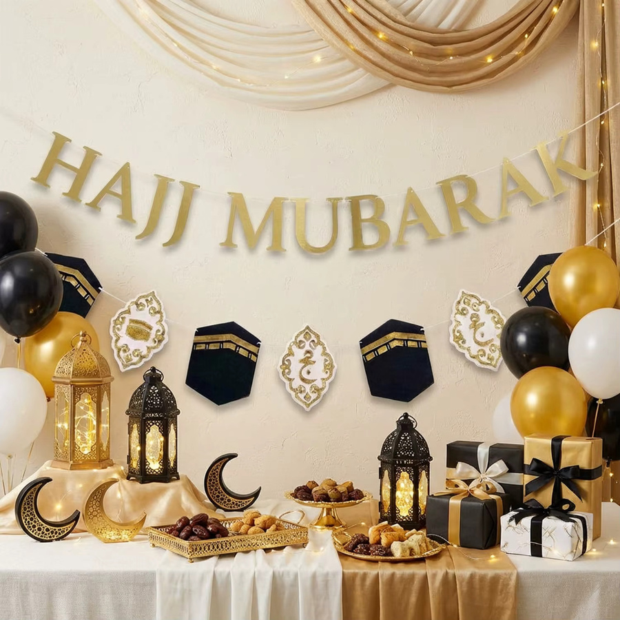 AFYPRTY Hajj Mubarak Banner mit Kaaba-Muster in Schwarz-Gold aus Papier für die Islamische Hajj-Pilgerfahrt und Eid al-Adha Party Dekoration - Bild 5