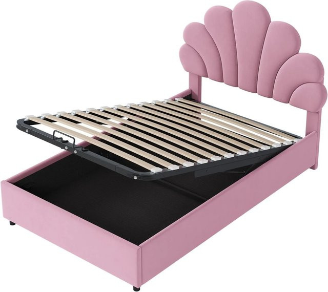 Merax Kinderbett mit Blumenmuster aus Samt in Rosa und Beige mit Hydraulik-Lift-Funktion B/T/H: 90 x 200 x 41 cm - Bild 1