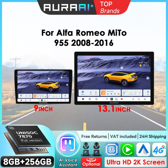 AURAAI ADAS Autoradio für Alfa Romeo Mito 2008-2016 mit GPS, Wireless CarPlay, Android Auto und 9,0 Zoll Display in Schwarz - Bild 1