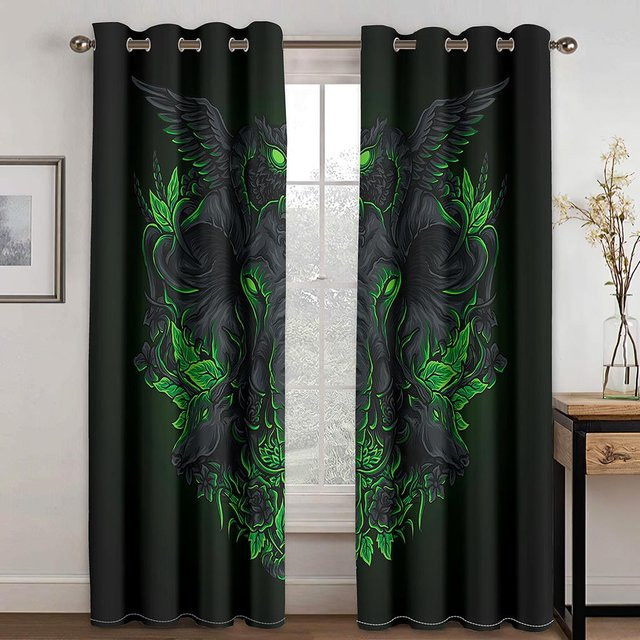 Dunkler Wind Totem Digitaldruck Vorhang aus Polyester in Blau und Gold, 2er-Set mit Ösen, Breite: 50 cm, Höhe: 130 cm - Bild 1