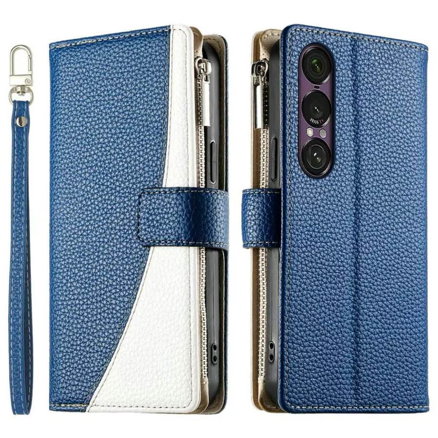 Leder Crossbody Lanyard Brieftasche mit Reißverschluss als Stoßfeste Flip Case für Sony Xperia 1 VII in Blau - Bild 3