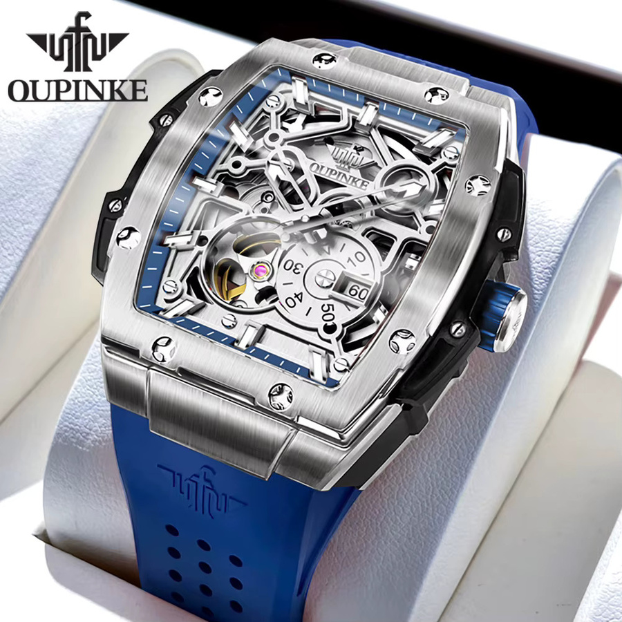 OUPINKE Herrenuhr, Automatik, Skelett, Saphirglas, Silikonarmband, Blau, 5 ATM - Bild 2
