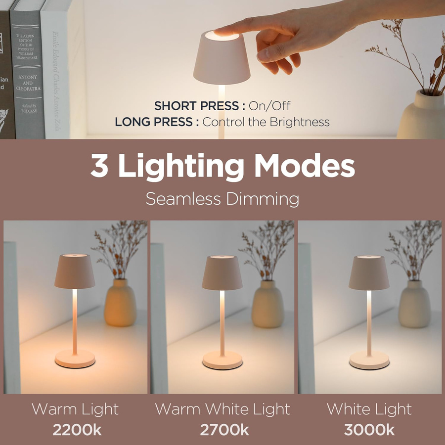 mooas Kabellose LED Tischlampe aus Aluminium in Weiß, Tragbare Wiederaufladbare Schreibtischlampe mit Touch-Dimmer und 3 Farbmodi für Schlafzimmer und Wohnzimmer - Bild 3