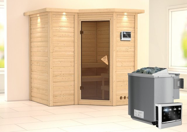 Woodfeeling Sauna-Set Steena 1 mit Bio-Ofen 9 kW, externer Steuerung und Dachkranz - Bild 1