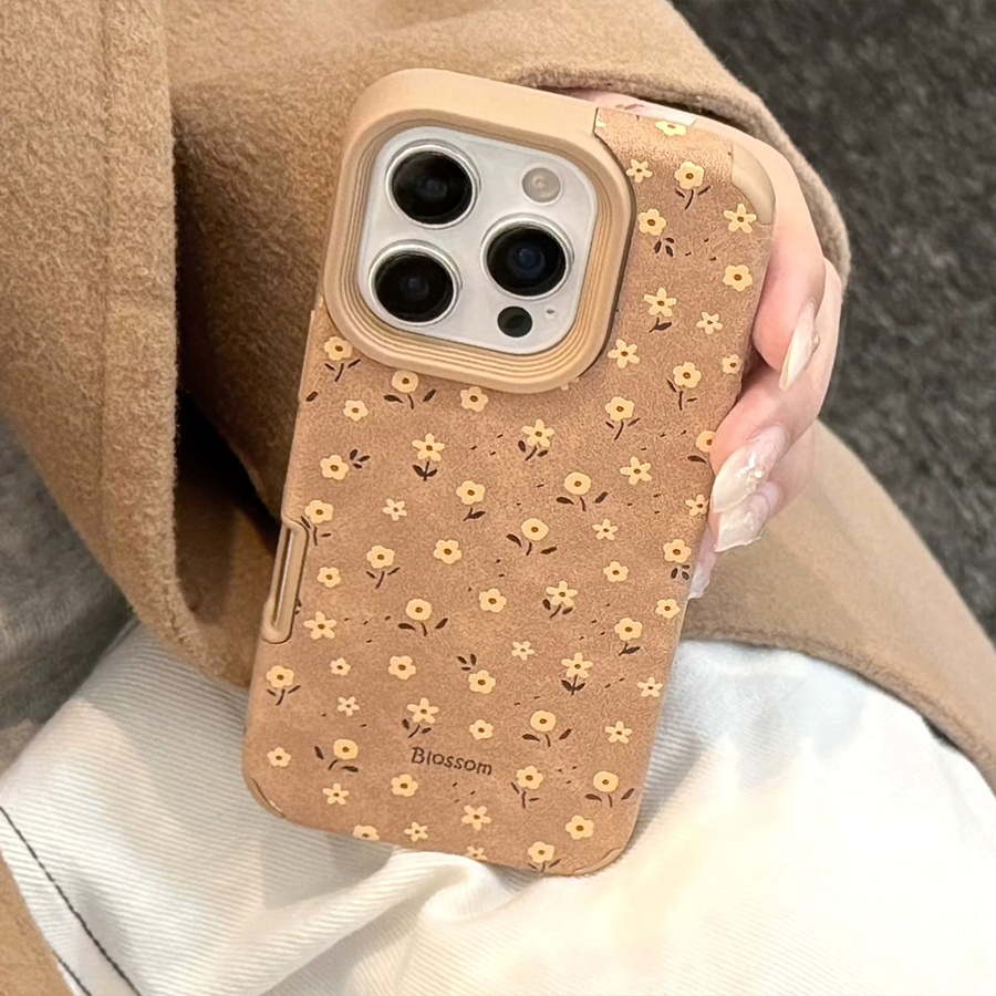 MUQGEW Handyhülle mit gelben Blumen im Retro-Herbst-Design aus Wildleder-Leder-Textur für iPhone 16 15 14 13 12 11 Pro Max, stoßfest - Bild 2
