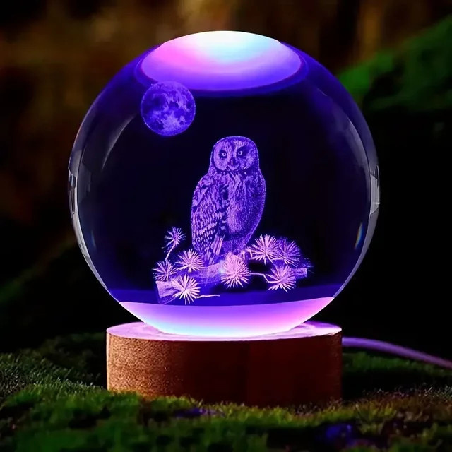 3D-Eulen-Nachtlicht mit Kristallkugel und Farblasergravur aus Glas und Holz für die Tischdekoration - Bild 1