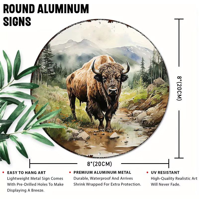 Rustikales Bison Aluminium-Metallschild von Potdemiel, rund, Durchmesser: 20,32 cm - Bild 2