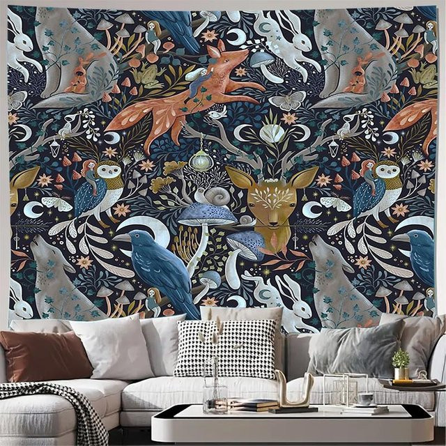 Fantasy Wald Tapisserie mit Waldtieren und Naturmotiven in Multicolour, Wandbehang im Boho-Stil mit Hirsch, Fuchs und Eule, B/H: 230 x 180 cm - Bild 1