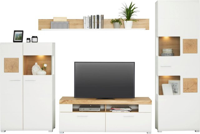 Mömax Wohnwand Fun Plus in Weiß und Eiche mit integrierter Beleuchtung und Displayvitrine - Bild 1