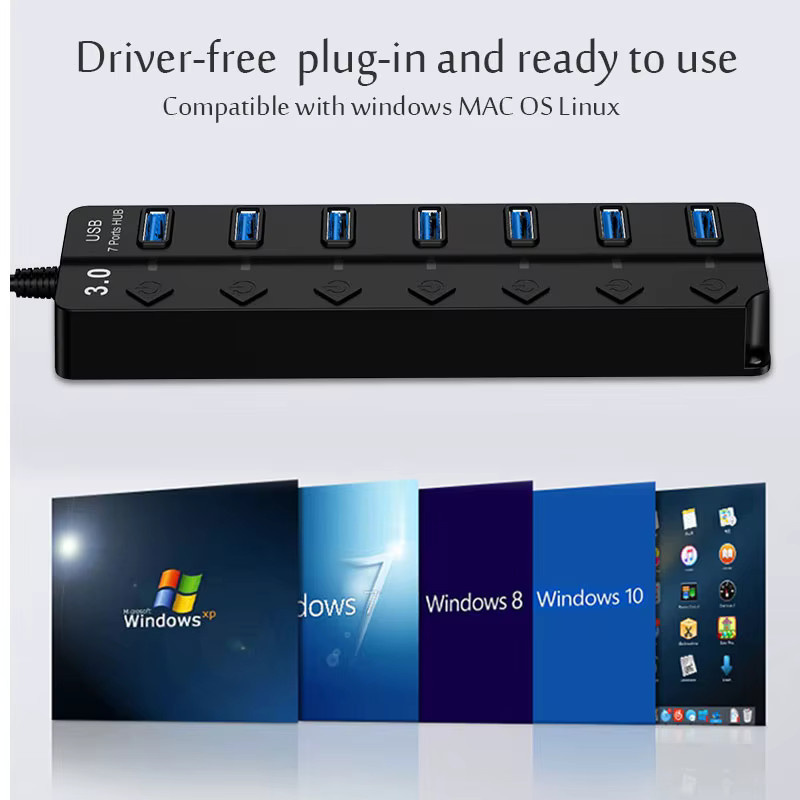 Mrgabwte 7 in 1 USB Hub mit USB 3.0 und USB 2.0 Anschlüssen, Tragbarer USB Splitter mit Ein/Aus Schalter, Schwarz - Bild 5