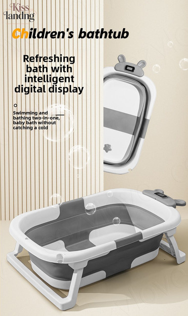Kisslanding Faltbare Babybadewanne mit Temperatursensor und Ständer, Grau, BPA-frei - Bild 1