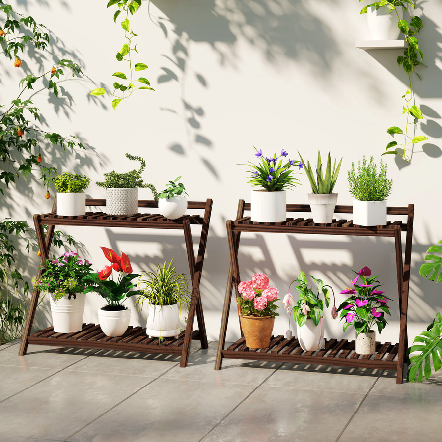 Outsunny Set aus 2 Innenpflanzenständern mit 2 Ebenen aus Holz in Braun für Garten, Balkon und Wohnzimmer - Bild 2