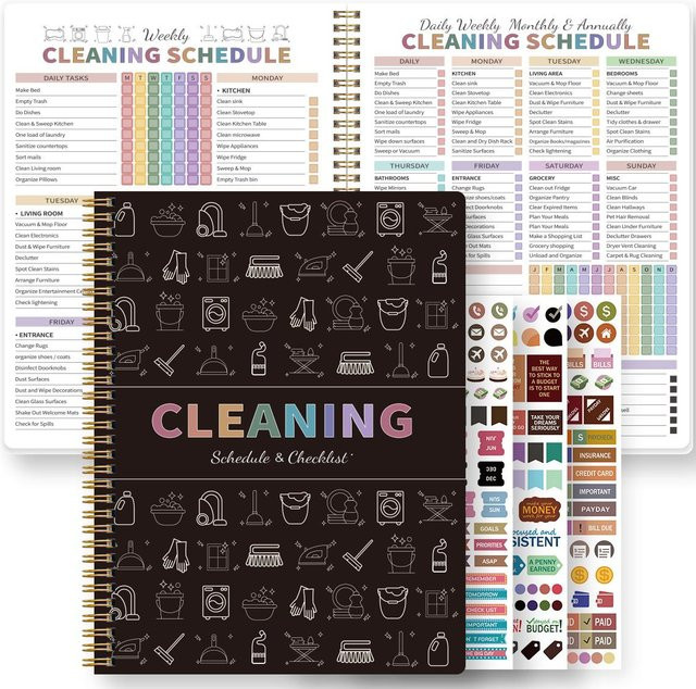 Reinigungsplaner Binchi Outdoor Product Spiralblock A5 mit wöchentlicher und monatlicher Checkliste sowie Stickern in Schwarz - Bild 1