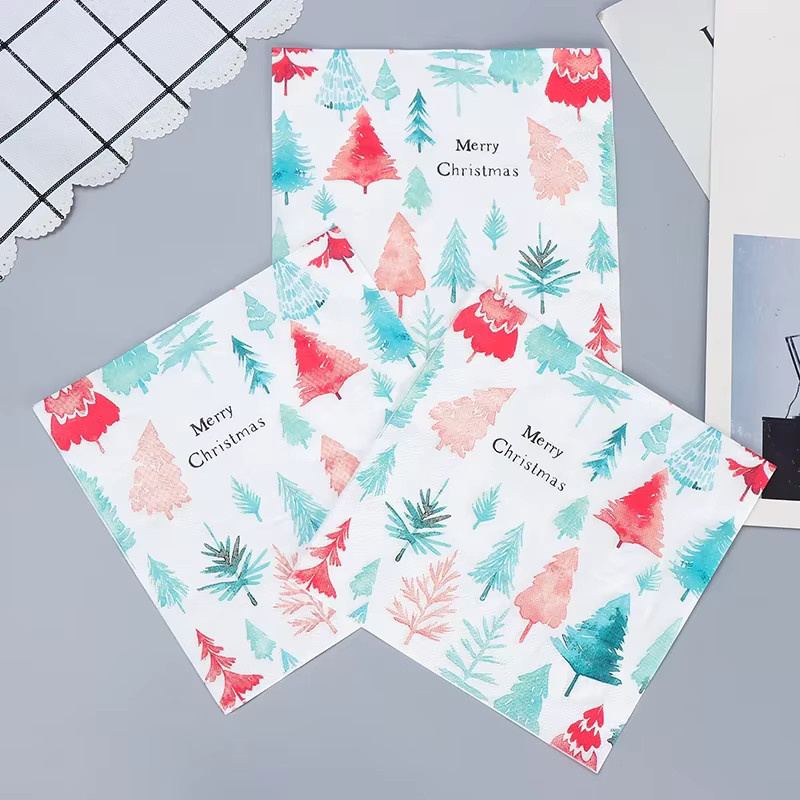 GUANYAO Weihnachts-Servietten mit buntem Weihnachtsbaum-Print, 20 Stück pro Packung, B/B: 33 x 33 cm, Mehrfarbig - Bild 3
