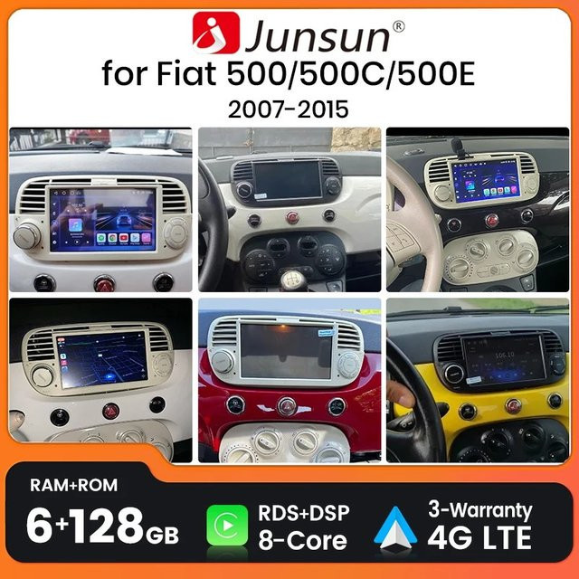 Junsun Android Multimedia System für Fiat 500 und 500C Abarth (2007 bis 2015) mit Touchscreen, kabellosem CarPlay, Android Auto, GPS Navigation, Bluetooth, USB und Wifi in Schwarz - Bild 1