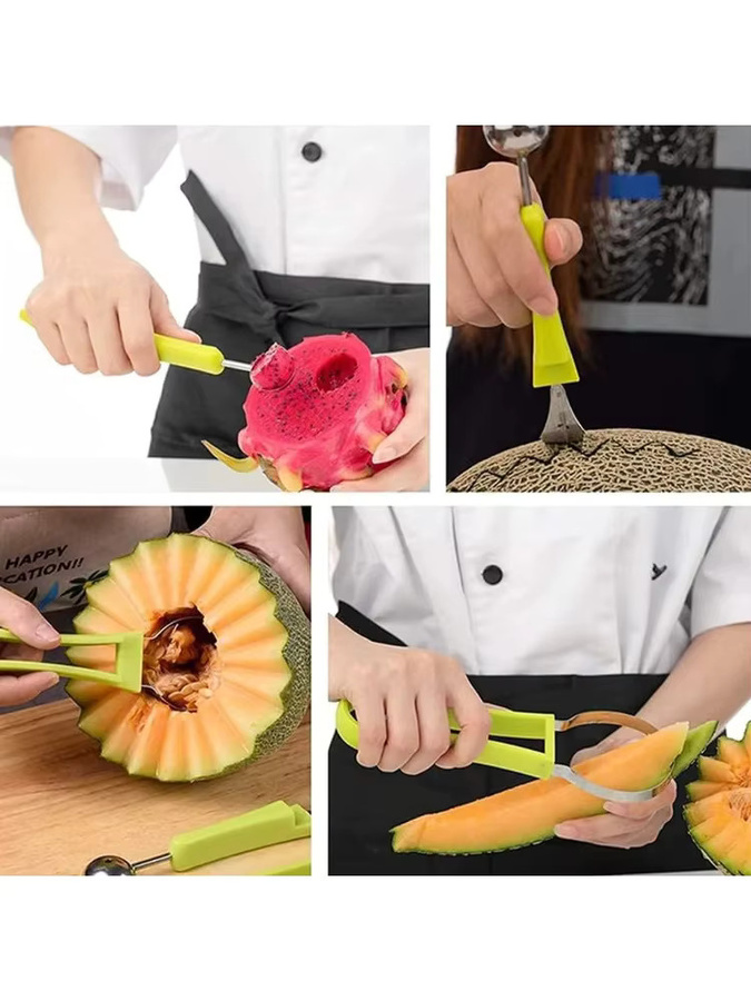 4-in-1 Melonen-Baller-Schaufel-Set aus Edelstahl in Grün mit Obstschneider und Formen - Bild 3