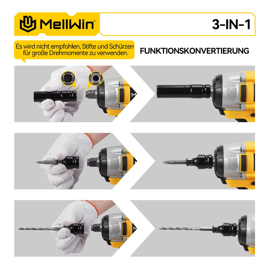 MELLWIN 3-in-1 Bürstenloser Elektroschraubendreher-Satz mit 520 N.m Drehmoment, Akku-Schlagschrauber und elektrischer Bohrschrauber, kompatibel mit Makita 18V Akku-Pin - Bild 4