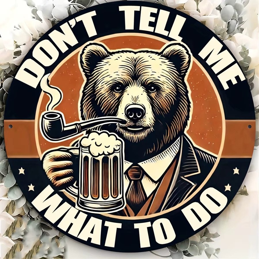 Vintage Wanddekoration Potdemiel mit Bär und Don't Tell Me What to Do Schriftzug, runde Metall-Wandgestaltung im Retro-Design, Mehrfarbig - Bild 3