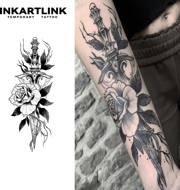 INKARTLINK Temporärer Tattoo-Aufkleber Blumendolch, wasserfest, semi-permanent - Bild 1
