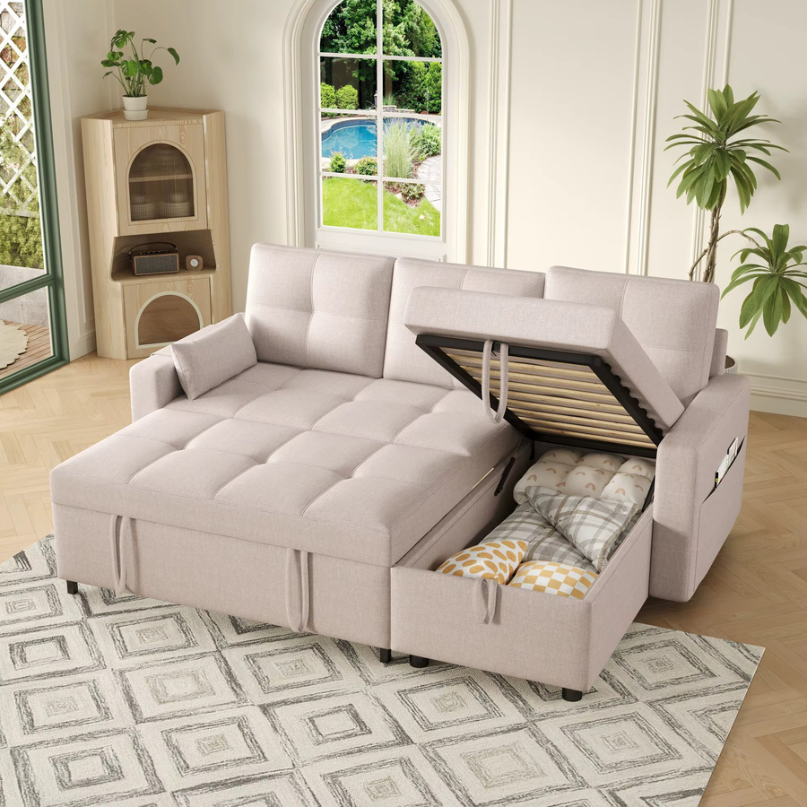 Modulares Ecksofa mit Schlaffunktion und reversiblem Liegeelement, 3-4 Personen, Beige - Bild 2