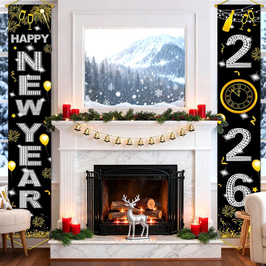 VIKAMA Silvester Banner Neujahrsdekoration 2026 für Veranda und Tür, Schwarz-Gold-Weiß, B/H: 180 x 30 cm - Bild 2