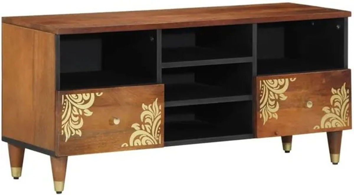 Vidaxl TV-Schrank aus Massivholz Mango in Braun mit Regal im Modern Retro Design B/T/H: 100 x 33,5 x 46 cm - Bild 1