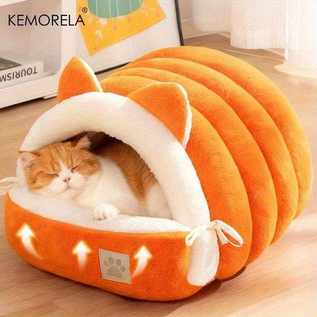 KEMORELA Katzenhöhlen-Katzenbett in Orange mit abnehmbarem Bezug und rutschfester Unterseite aus Mikrofaser - Bild 1