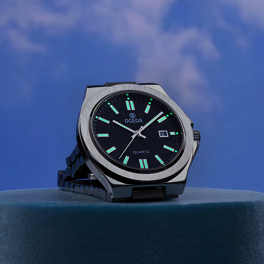 OGEDA Chronograph Armbanduhr, Edelstahl, Quarz, Schwarz, Herren - Bild 4