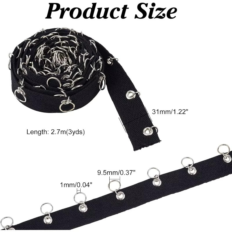 Schwarzes Baumwoll-Ösenband mit Metall-Biegeringen, Breite: 3 cm, 3 Yards Länge - Bild 3