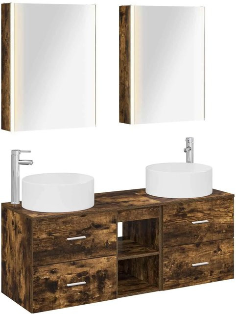 vidaXL Badezimmermöbel-Set in Geräucherte Eiche, modern Wandmontage mit Waschtischunterschrank und Spiegelschrank inklusive LED-Beleuchtung, Braun - Bild 1